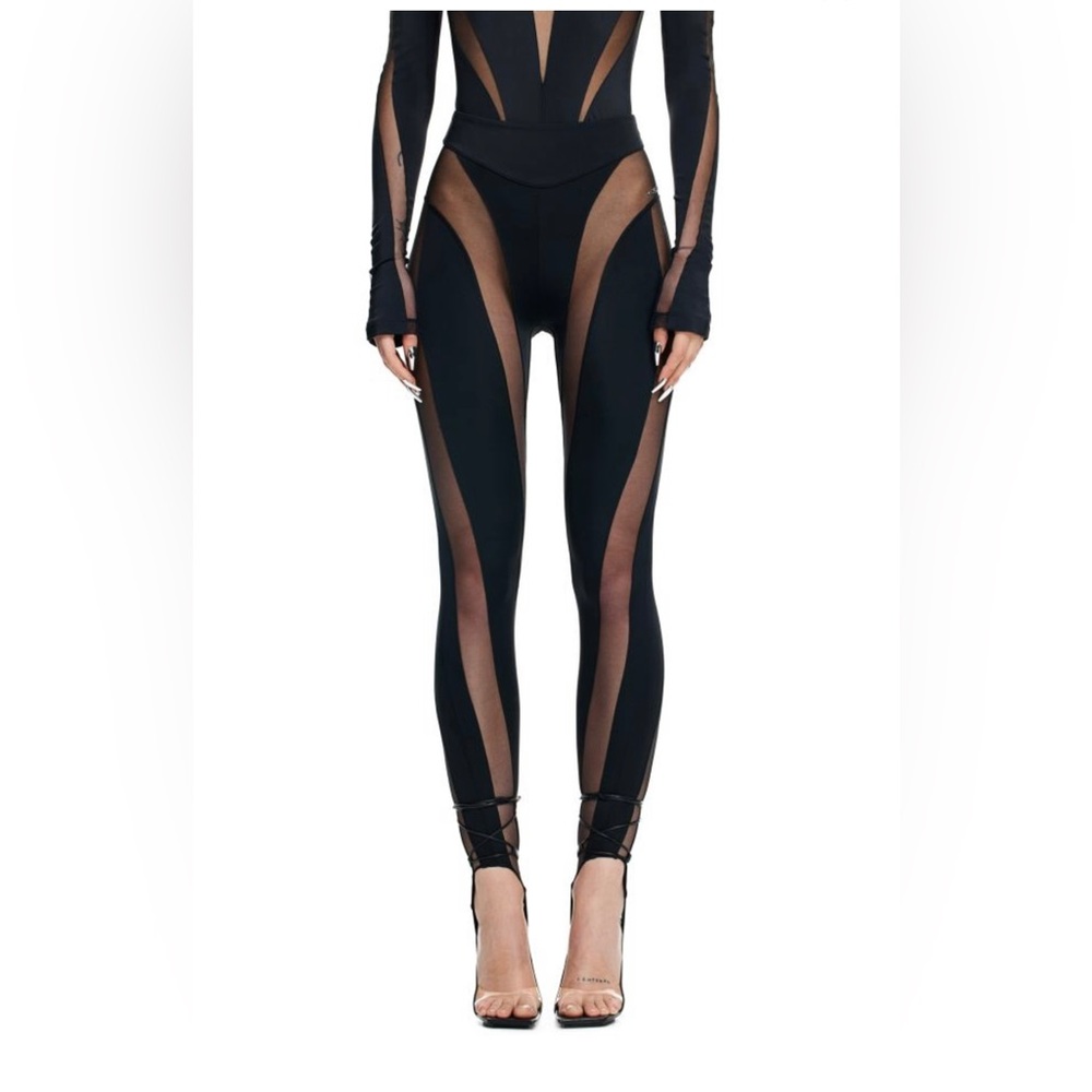 THIERRY MUGLER H&M Mesh-Paneled Stirrup Leggings 10 Black